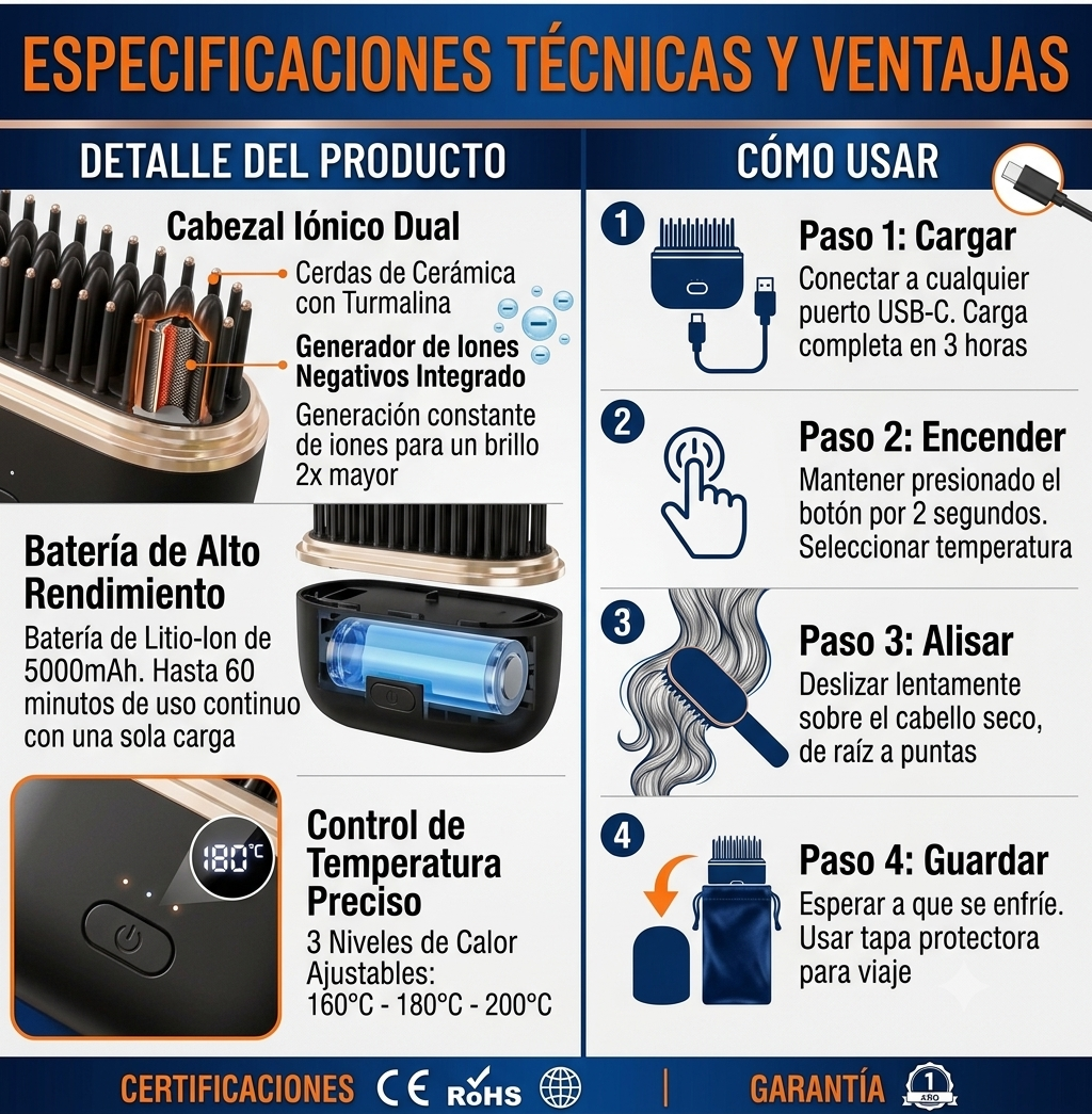Cepillo Alisador Inalámbrico Portátil Recargable USB